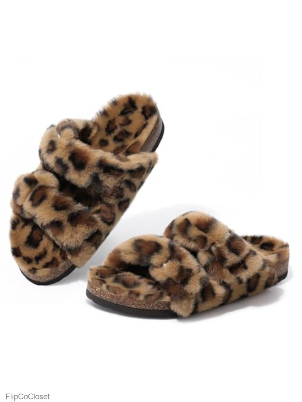 Fuzzy Faux Fur Slides Slippers Cork Footbed Adjustable Buckle House Shoes